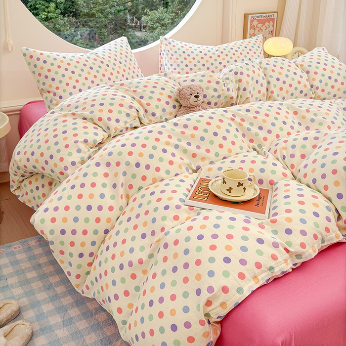 91家纺网 家纺一手货源 找家纺 感遇家纺 2025新款全棉纯棉千柔双层纱四件套 彩虹点点