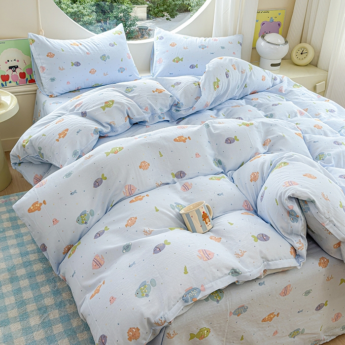 91家纺网 家纺一手货源 找家纺 感遇家纺 2025新款全棉纯棉千柔双层纱四件套 蓝色小鱼