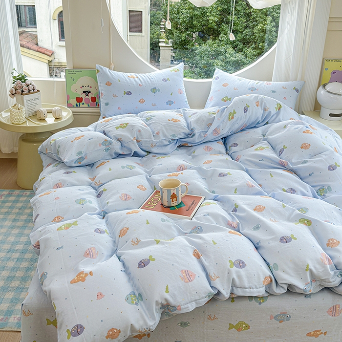 91家纺网 家纺一手货源 找家纺 感遇家纺 2025新款全棉纯棉千柔双层纱四件套 蓝色小鱼