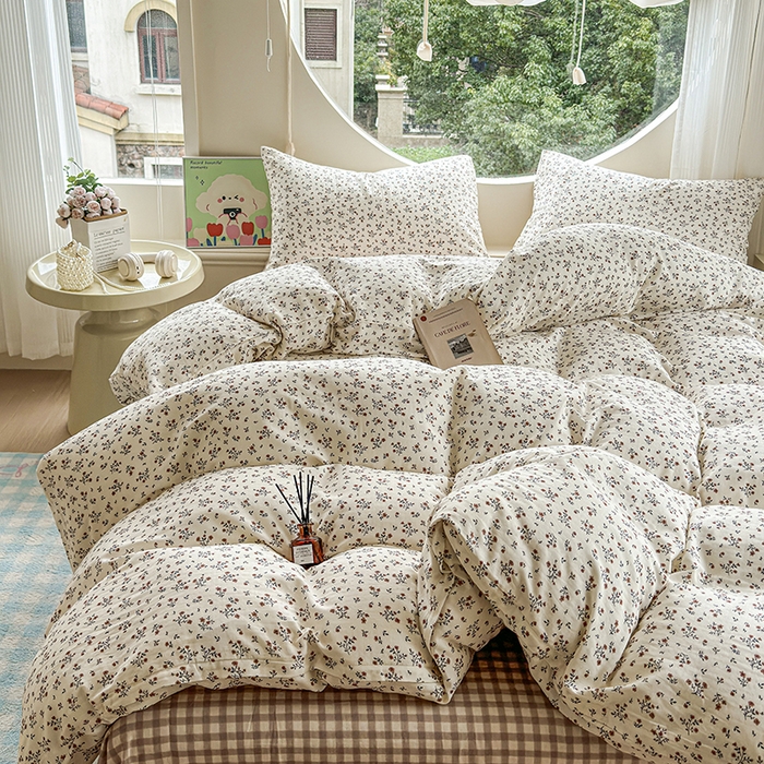 91家纺网 家纺一手货源 找家纺 感遇家纺 2025新款全棉纯棉千柔双层纱四件套 风铃草