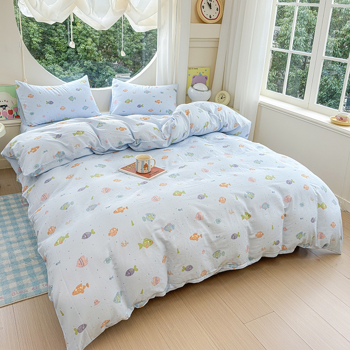 91家纺网 家纺一手货源 找家纺 感遇家纺 2025新款全棉纯棉千柔双层纱四件套 蓝色小鱼