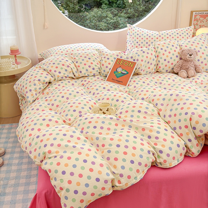 91家纺网 家纺一手货源 找家纺 感遇家纺 2025新款全棉纯棉千柔双层纱四件套 彩虹点点