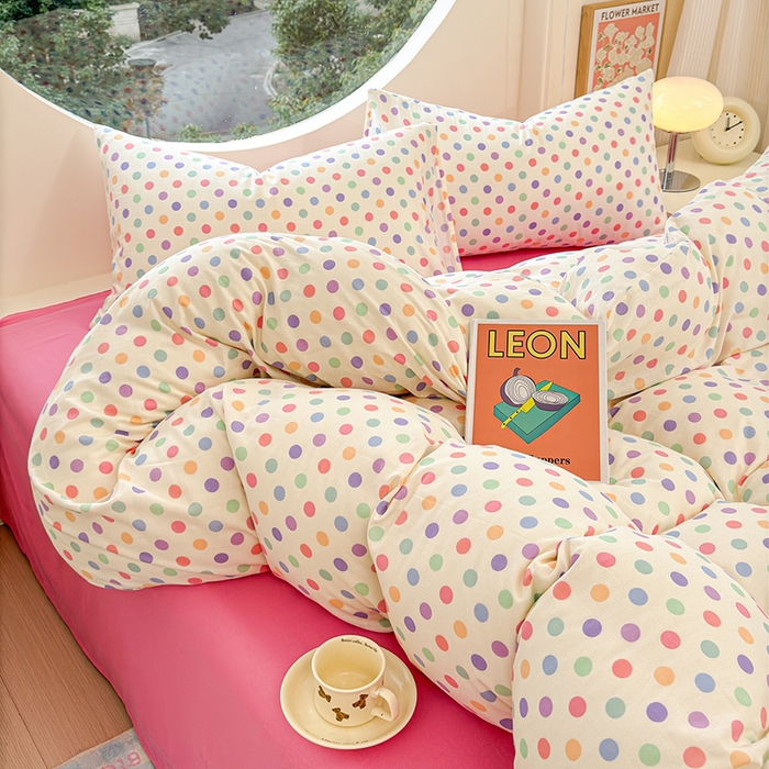 91家纺网 家纺一手货源 找家纺 感遇家纺 2025新款全棉纯棉千柔双层纱四件套 彩虹点点