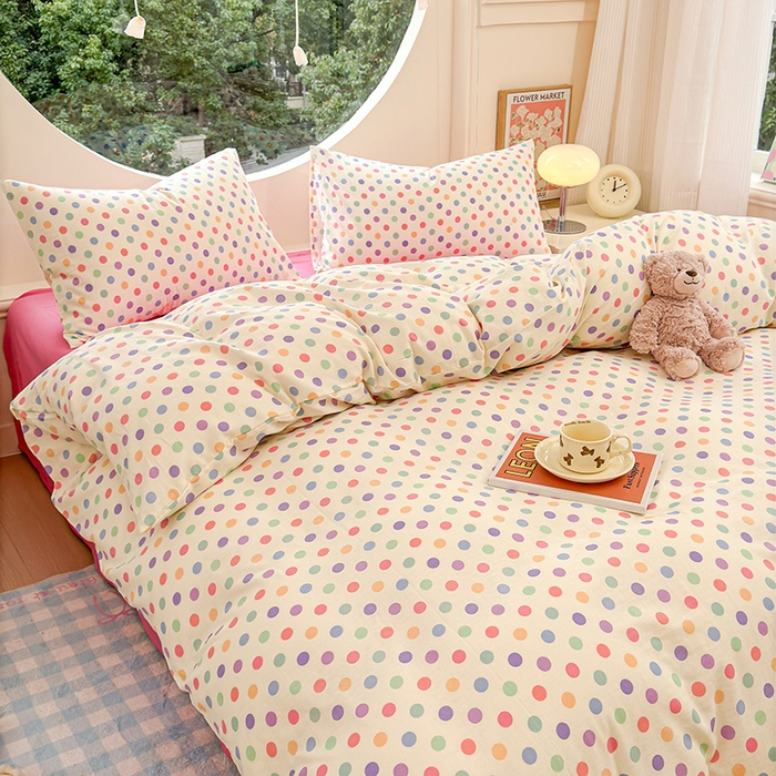 91家纺网 家纺一手货源 找家纺 感遇家纺 2025新款全棉纯棉千柔双层纱四件套 彩虹点点