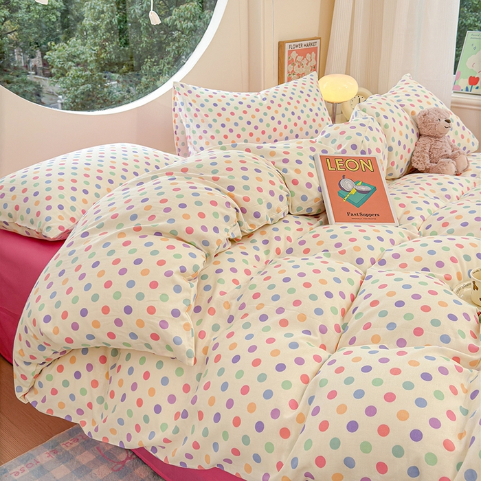 91家纺网 家纺一手货源 找家纺 感遇家纺 2025新款全棉纯棉千柔双层纱四件套 彩虹点点