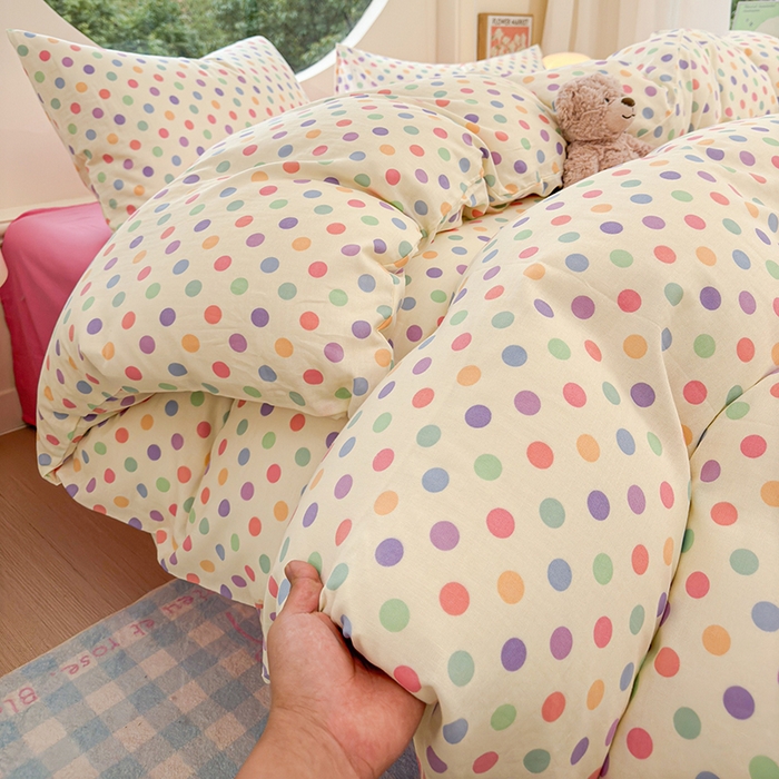 91家纺网 家纺一手货源 找家纺 感遇家纺 2025新款全棉纯棉千柔双层纱四件套 彩虹点点