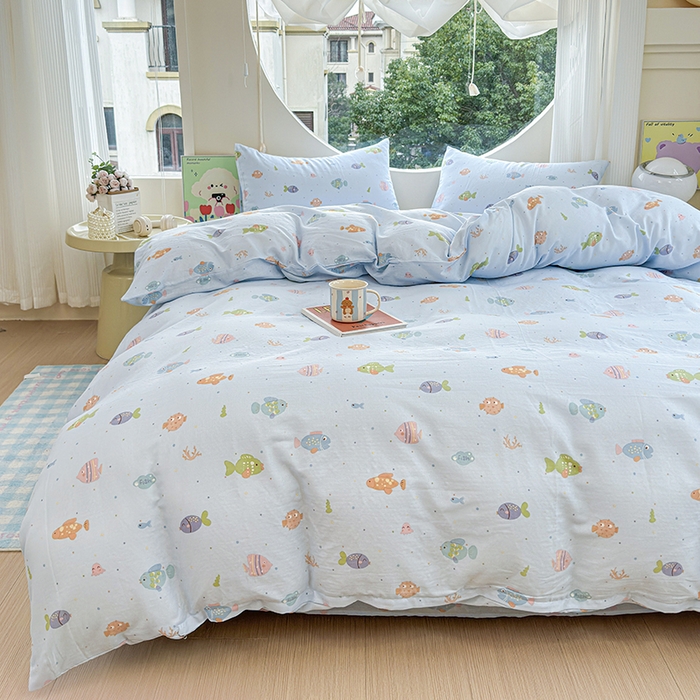 91家纺网 家纺一手货源 找家纺 感遇家纺 2025新款全棉纯棉千柔双层纱四件套 蓝色小鱼