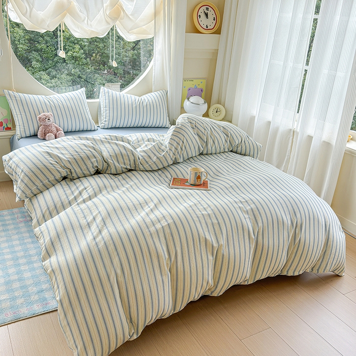 91家纺网 家纺一手货源 找家纺 感遇家纺 2025新款全棉纯棉千柔双层纱四件套 韩系蓝条