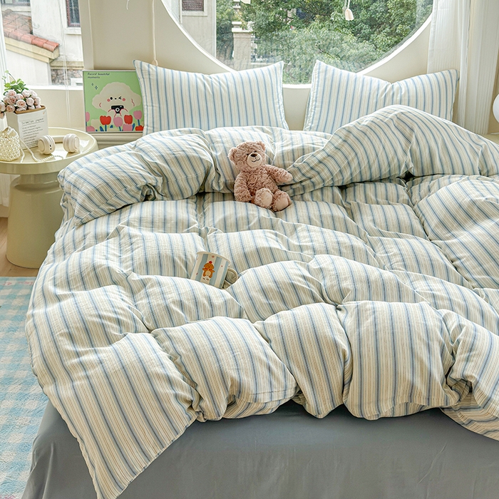 91家纺网 家纺一手货源 找家纺 感遇家纺 2025新款全棉纯棉千柔双层纱四件套 韩系蓝条