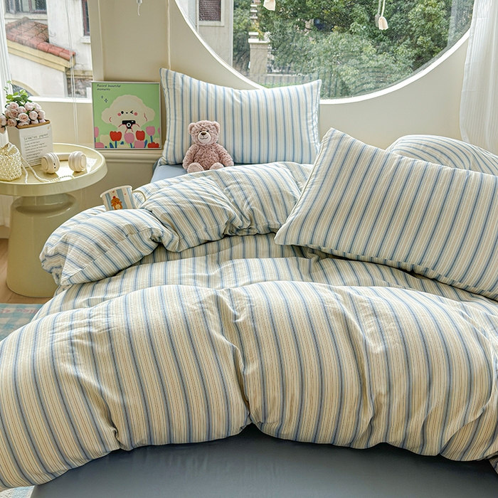 91家纺网 家纺一手货源 找家纺 感遇家纺 2025新款全棉纯棉千柔双层纱四件套 韩系蓝条