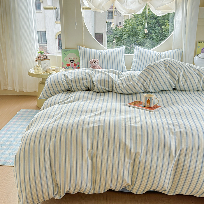 91家纺网 家纺一手货源 找家纺 感遇家纺 2025新款全棉纯棉千柔双层纱四件套 韩系蓝条