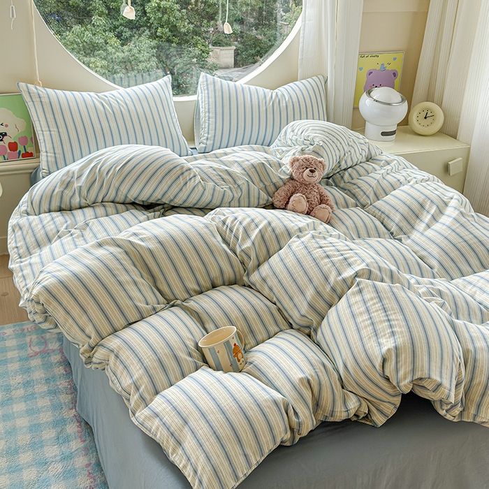 91家纺网 家纺一手货源 找家纺 感遇家纺 2025新款全棉纯棉千柔双层纱四件套 韩系蓝条