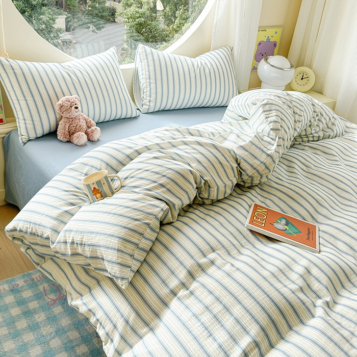 91家纺网 家纺一手货源 找家纺 感遇家纺 2025新款全棉纯棉千柔双层纱四件套 韩系蓝条