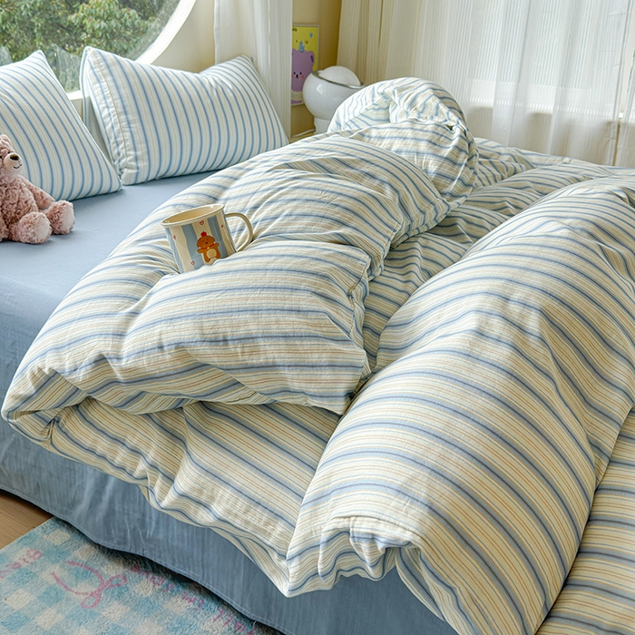 91家纺网 家纺一手货源 找家纺 感遇家纺 2025新款全棉纯棉千柔双层纱四件套 韩系蓝条