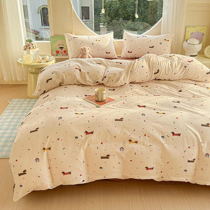 91家纺网 家纺一手货源 找家纺 感遇家纺 2025新款全棉纯棉千柔双层纱四件套 欢乐狗