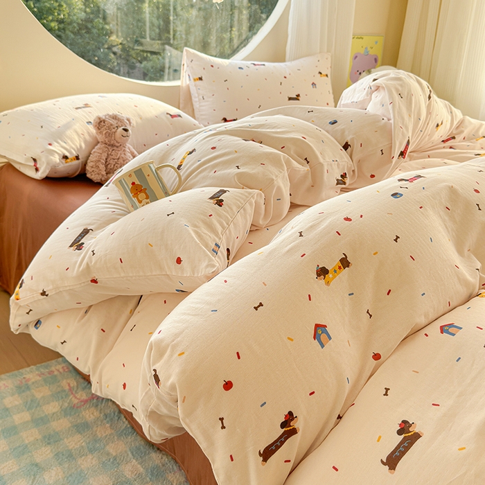 感遇家纺 2025新款全棉纯棉千柔双层纱四件套 欢乐狗