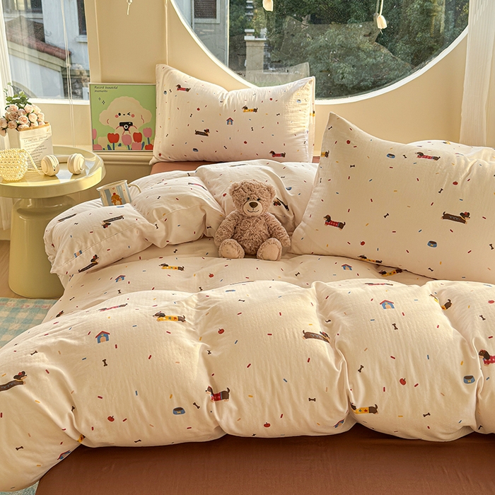 91家纺网 家纺一手货源 找家纺 感遇家纺 2025新款全棉纯棉千柔双层纱四件套 欢乐狗