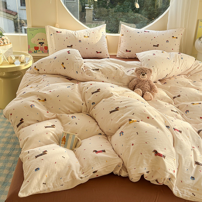 91家纺网 家纺一手货源 找家纺 感遇家纺 2025新款全棉纯棉千柔双层纱四件套 欢乐狗