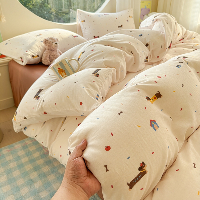 91家纺网 家纺一手货源 找家纺 感遇家纺 2025新款全棉纯棉千柔双层纱四件套 欢乐狗