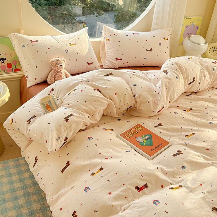 91家纺网 家纺一手货源 找家纺 感遇家纺 2025新款全棉纯棉千柔双层纱四件套 欢乐狗