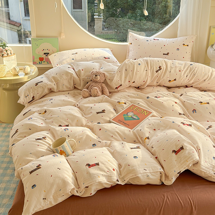 91家纺网 家纺一手货源 找家纺 感遇家纺 2025新款全棉纯棉千柔双层纱四件套 欢乐狗