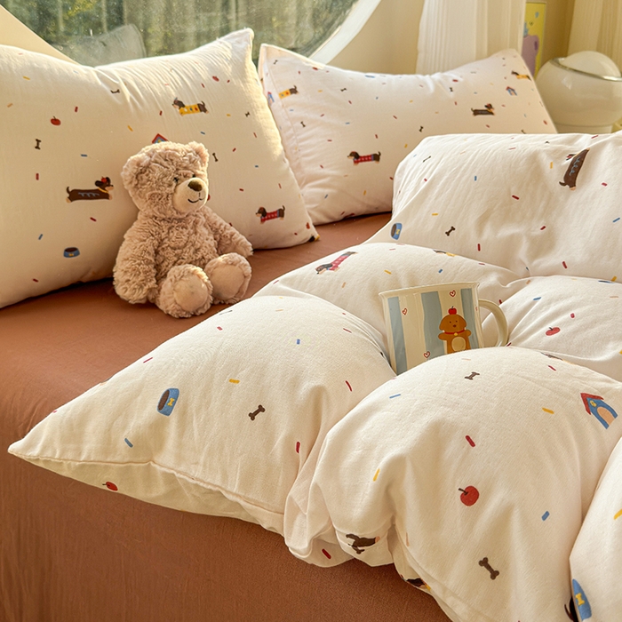 91家纺网 家纺一手货源 找家纺 感遇家纺 2025新款全棉纯棉千柔双层纱四件套 欢乐狗