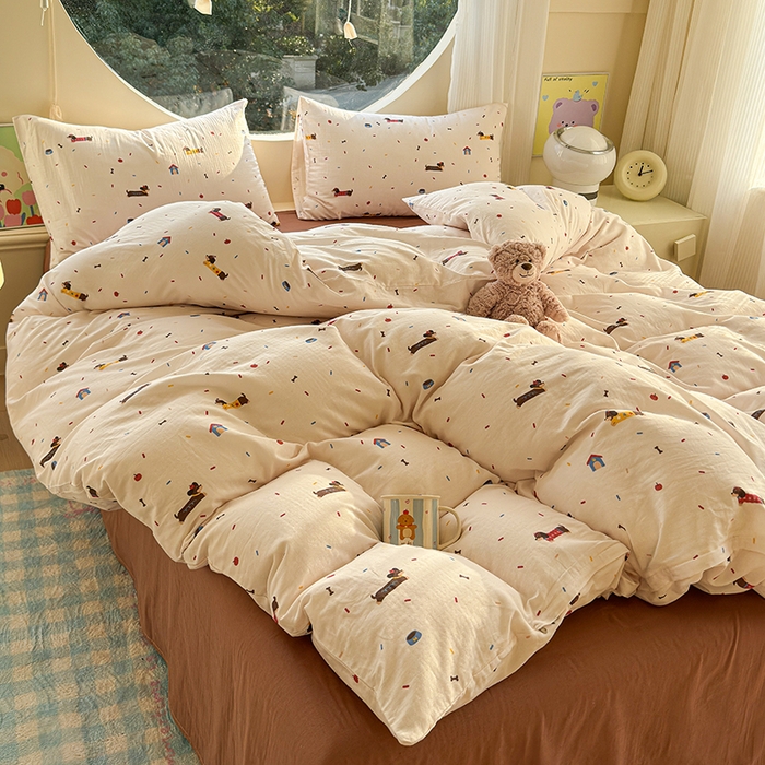 91家纺网 家纺一手货源 找家纺 感遇家纺 2025新款全棉纯棉千柔双层纱四件套 欢乐狗