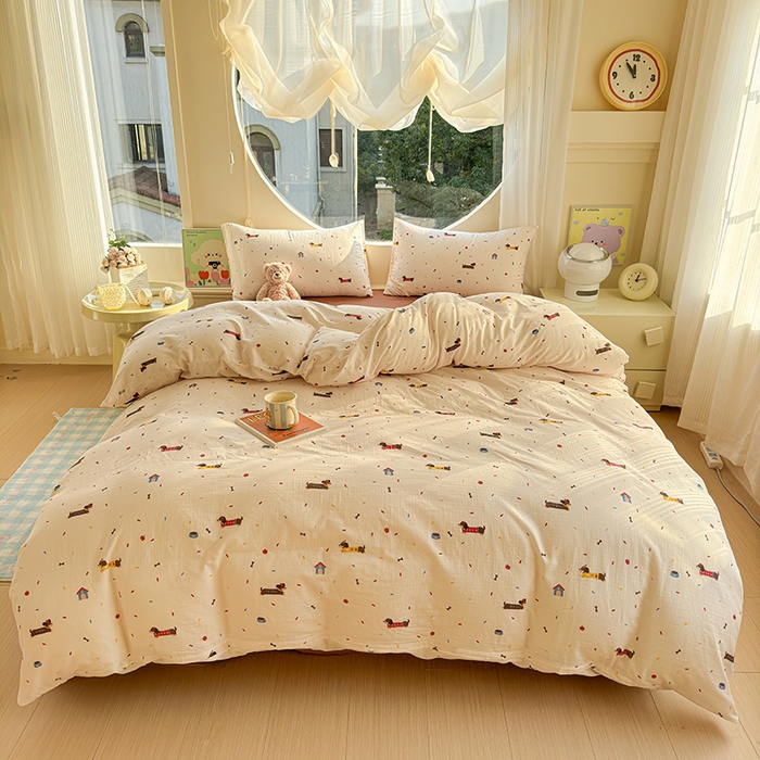 91家纺网 家纺一手货源 找家纺 感遇家纺 2025新款全棉纯棉千柔双层纱四件套 欢乐狗