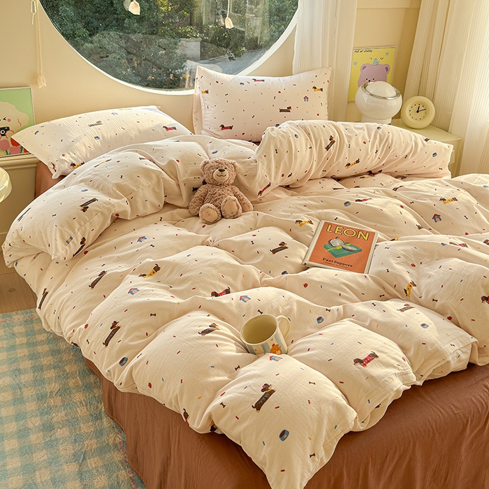 91家纺网 家纺一手货源 找家纺 感遇家纺 2025新款全棉纯棉千柔双层纱四件套 欢乐狗