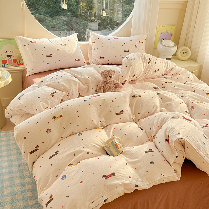 91家纺网 家纺一手货源 找家纺 感遇家纺 2025新款全棉纯棉千柔双层纱四件套 欢乐狗