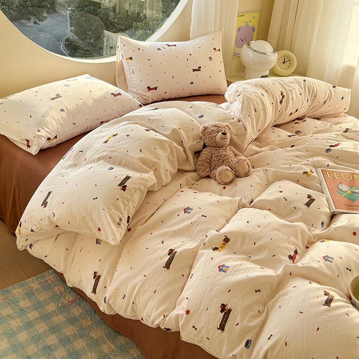 91家纺网 家纺一手货源 找家纺 感遇家纺 2025新款全棉纯棉千柔双层纱四件套 欢乐狗