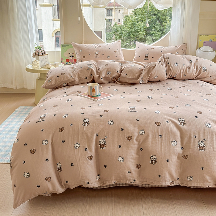 91家纺网 家纺一手货源 找家纺 感遇家纺 2025新款全棉纯棉千柔双层纱四件套 豹纹猫