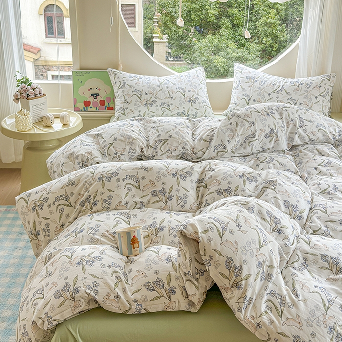 91家纺网 家纺一手货源 找家纺 感遇家纺 2025新款全棉纯棉千柔双层纱四件套 兔稚