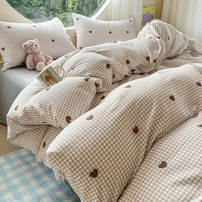 感遇家纺 2025新款全棉纯棉千柔双层纱四件套 格子爱心咖