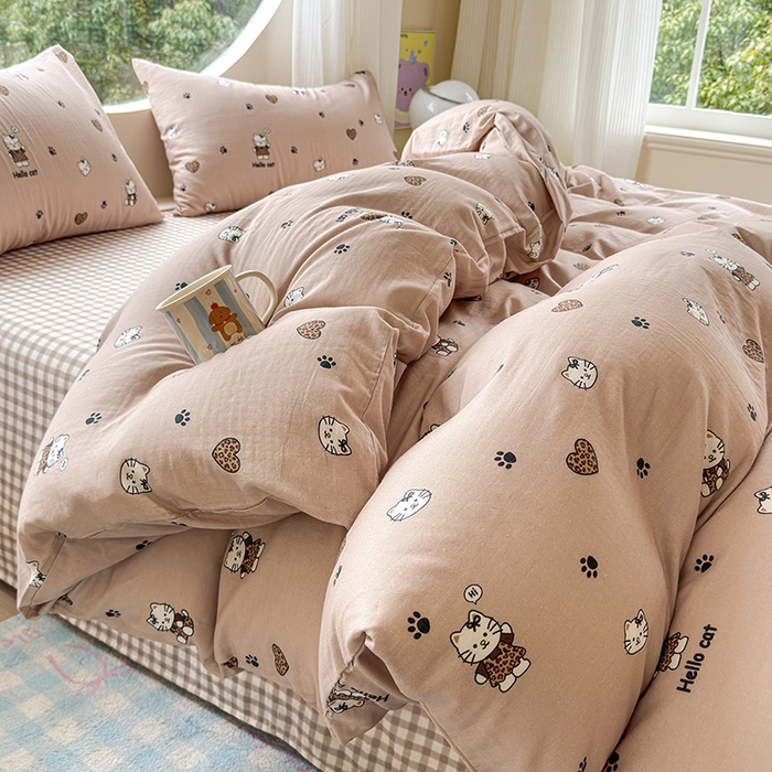 91家纺网 家纺一手货源 找家纺 感遇家纺 2025新款全棉纯棉千柔双层纱四件套 豹纹猫