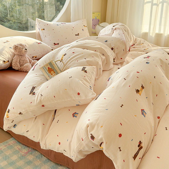 91家纺网 家纺一手货源 找家纺 感遇家纺 2025新款全棉纯棉千柔双层纱四件套 欢乐狗