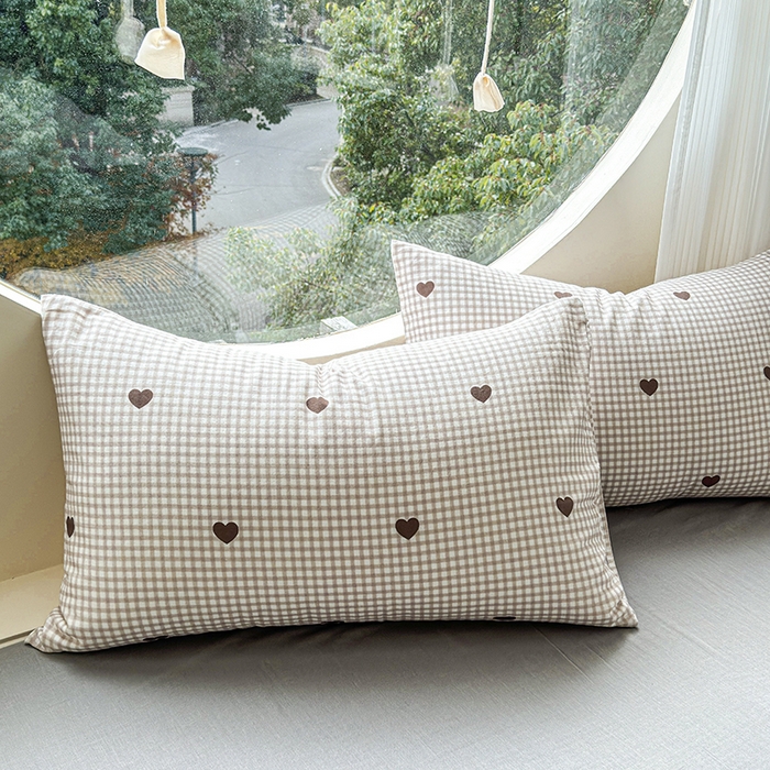 91家纺网 家纺一手货源 找家纺 感遇家纺 2025新款全棉纯棉千柔双层纱四件套 格子爱心咖