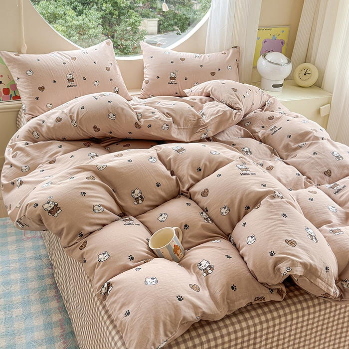 91家纺网 家纺一手货源 找家纺 感遇家纺 2025新款全棉纯棉千柔双层纱四件套 豹纹猫