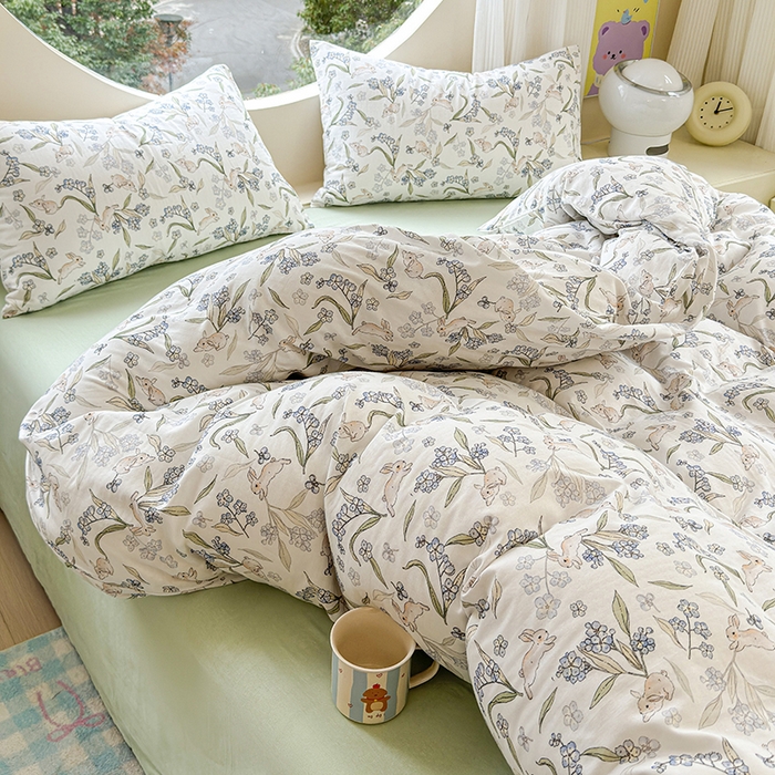 91家纺网 家纺一手货源 找家纺 感遇家纺 2025新款全棉纯棉千柔双层纱四件套 兔稚