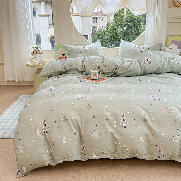 91家纺网 家纺一手货源 找家纺 感遇家纺 2025新款全棉纯棉千柔双层纱四件套 甜系少女