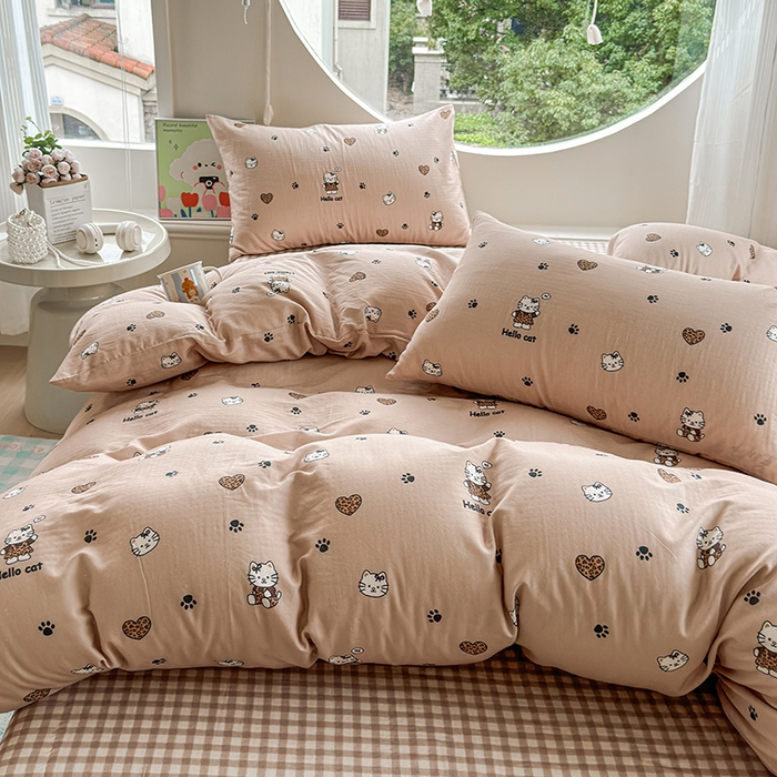 91家纺网 家纺一手货源 找家纺 感遇家纺 2025新款全棉纯棉千柔双层纱四件套 豹纹猫