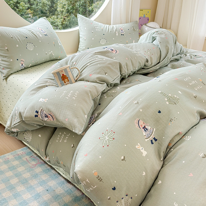 91家纺网 家纺一手货源 找家纺 感遇家纺 2025新款全棉纯棉千柔双层纱四件套 甜系少女