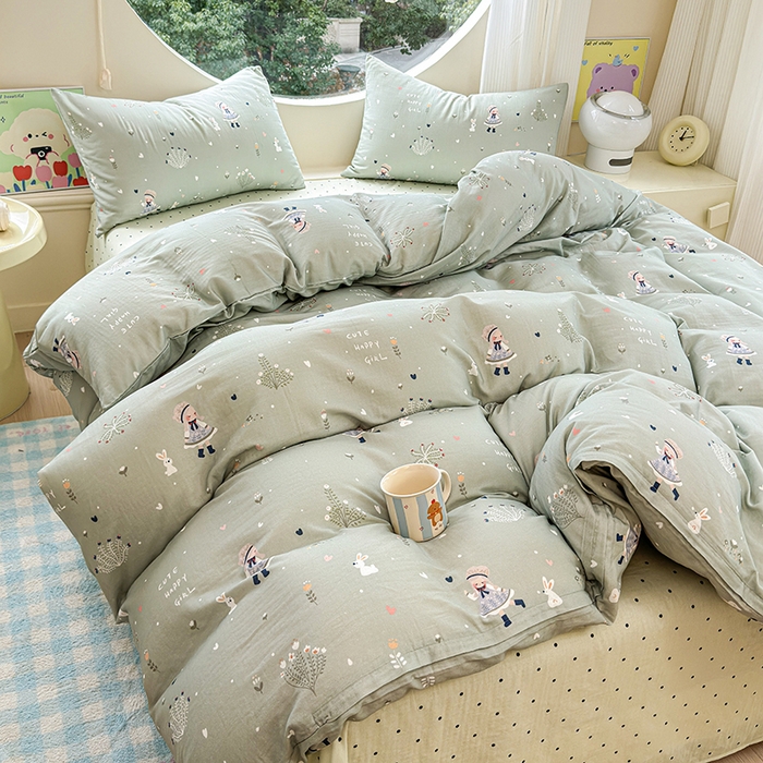 91家纺网 家纺一手货源 找家纺 感遇家纺 2025新款全棉纯棉千柔双层纱四件套 甜系少女