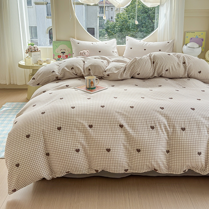 91家纺网 家纺一手货源 找家纺 感遇家纺 2025新款全棉纯棉千柔双层纱四件套 格子爱心咖