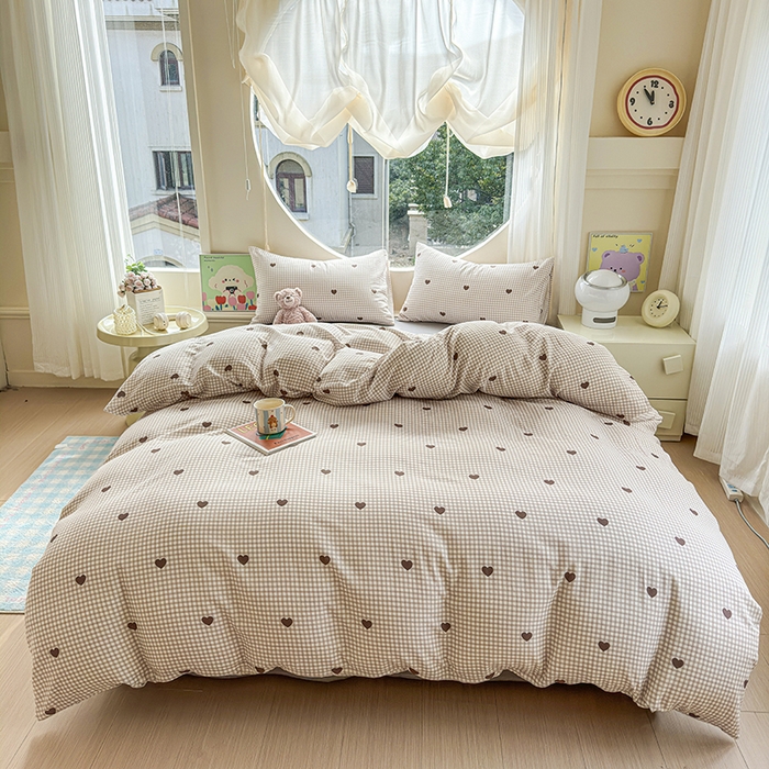 91家纺网 家纺一手货源 找家纺 感遇家纺 2025新款全棉纯棉千柔双层纱四件套 格子爱心咖