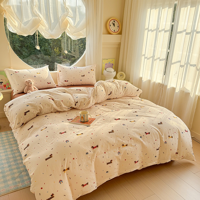 91家纺网 家纺一手货源 找家纺 感遇家纺 2025新款全棉纯棉千柔双层纱四件套 欢乐狗