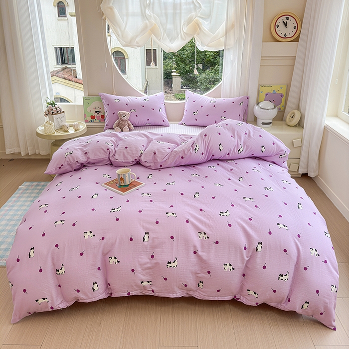 91家纺网 家纺一手货源 找家纺 感遇家纺 2025新款全棉纯棉千柔双层纱四件套 紫樱猫语