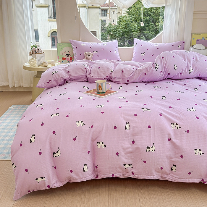 91家纺网 家纺一手货源 找家纺 感遇家纺 2025新款全棉纯棉千柔双层纱四件套 紫樱猫语