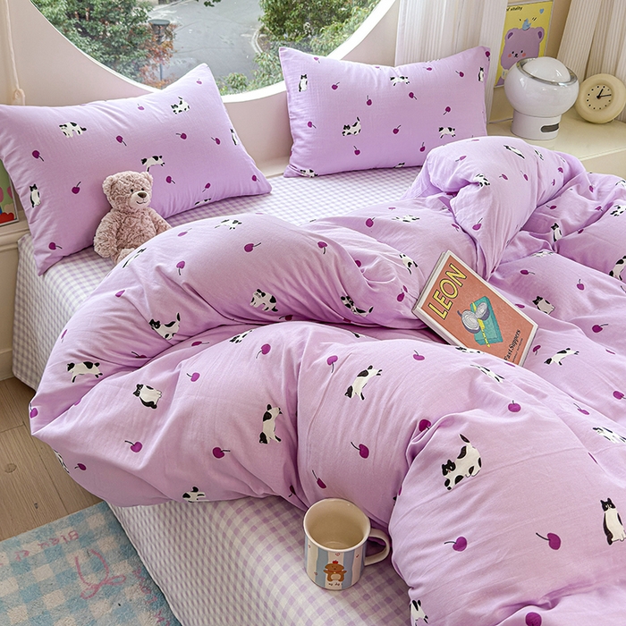 91家纺网 家纺一手货源 找家纺 感遇家纺 2025新款全棉纯棉千柔双层纱四件套 紫樱猫语