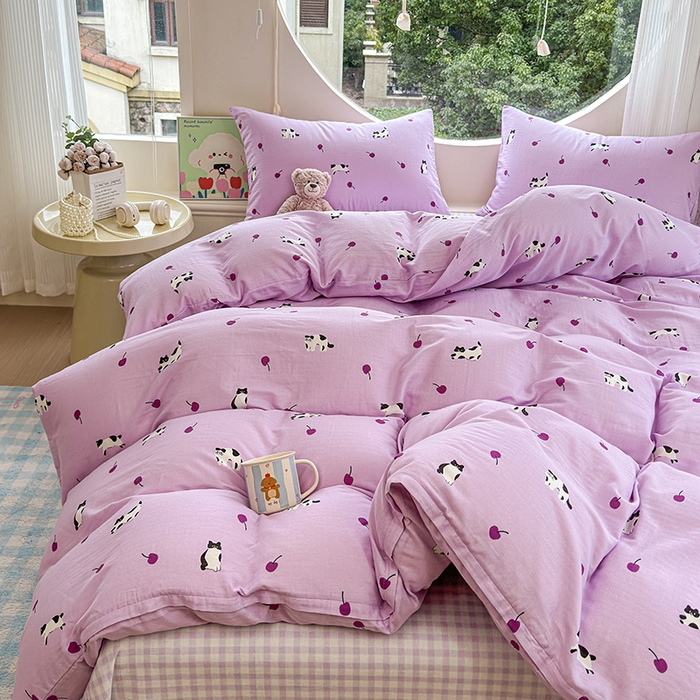 91家纺网 家纺一手货源 找家纺 感遇家纺 2025新款全棉纯棉千柔双层纱四件套 紫樱猫语